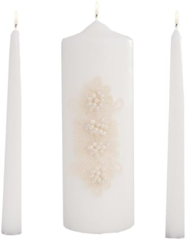 Celebration Candles Wedding Unity Candle Set, with 9-inch Pillar Candle with Beaded Cluster Appliqué, with 10-inch Drip less Tapers, White