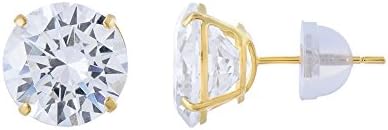 14kt Solid Yellow Gold Super Bright Clear Cz Basket Setting Round Pushback Stud Earrings (7mm)