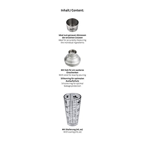 Xavax Cocktail-Shaker (Cocktail-Mixer aus Glas mit Edelstahl Aufsatz, Cocktailrezepten, Bar Set mit 400ml Füllmenge, Silikon-Ring, 4cl Messbecher-Deckel und Dosier-Sieb) transparent – Bild 3