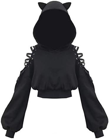 レディース ファッション 猫耳 超激得sale パーカー ショート丈 ゆったり 肩出し 大きいサイズ トップス フード付き ストリート系 トレーナー 黒 韓国系