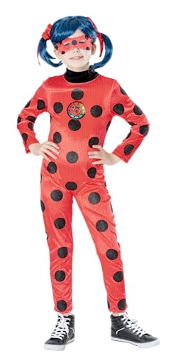 Rubies Miraculous Ladybug Costume for Girls, Shiny Polka Dot Velvet Jumpsuit, Lenticular Badge and Mask, for Carnival, Birthday, Christmas and Halloween