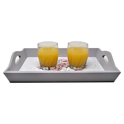 GB HOME COLLECTION gbHome GH-6744 Decorative Wooden Serving Tray with Floral Art, Breakfast Tray for Carrying Drinks Letters Mail, 15 x 11 in (38 x 28 cm) Display Piece, Modern Design