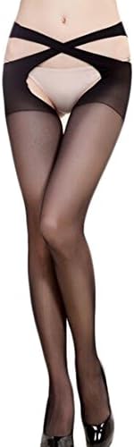 XTT Women Solid Open Crotch Hollow Out Stockings Pantyhose Black OS