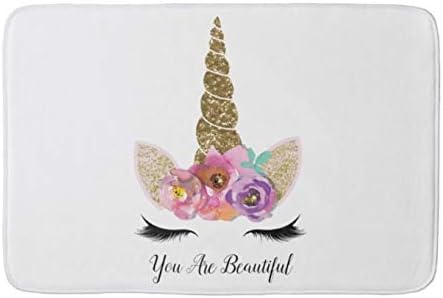 Yesstd Floral Unicorn Gold Glitter Girly Girls Sparkle Absorbent Super Cozy Bathroom Rug Doormat Welcome Mat Indoor/Outdoor Bath Floor Rug Decor Art Print with Non Slip Backing 24" L x 16" W Inches.