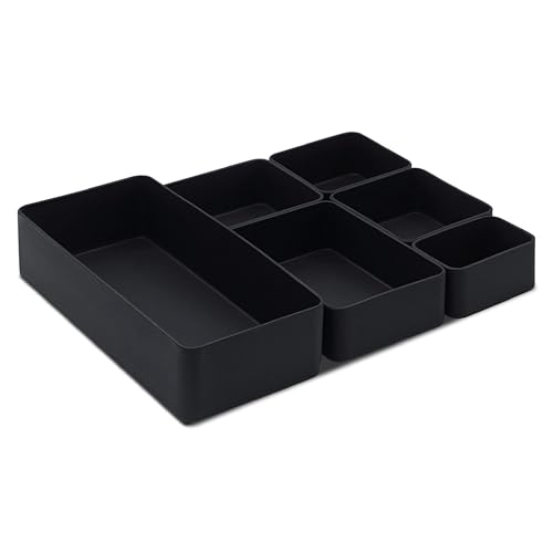 The Nest 6 Pack Small Drawer Organizer Tray Set - Bamboo Fiber Black Storage Dividers for Vanity, Bathroom, Kitchen, Bedroom, Nightstand - Perfect for Jewellery, Gadgets & Accessories