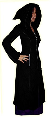 BLACK grey LONG MEDIEVAL HOOD lined COAT M L 14 16 goth emo metal punk elvin alt