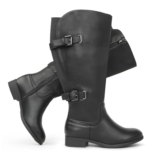 Chicblooms Women's Classic Extra Wide Calf Flat Heel Double Buckle Back Stretch Knee High Boots, Black PU, 7 M US at Amazon