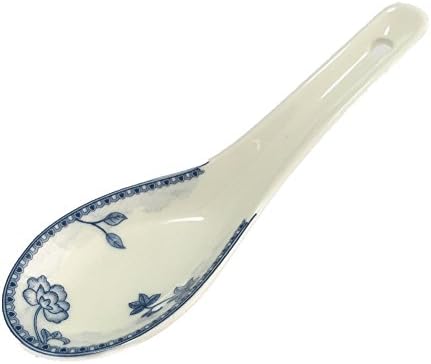 Derker Set of 8 White Porcelain Blue Flower Patterned Asian Soup Spoons 4.8" Long (Lotus)