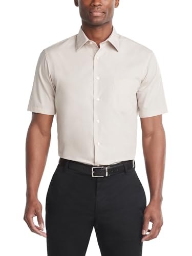 Van Heusen Men's Short Sleeve Poplin Solid Dress Shirt, Stone, 18.5" Neck