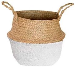 Handmade Bamboo Storage Baskets Foldable Laundry Straw Patchwork Wicker Rattan Seagrass Belly Garden Flower Pot Planter Basket Half White 32cm