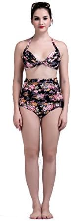 LYB Women Retro 50s Black Pink Blue Floral Halter High Waist Bikini Carnival Swimsuit (Medium, Black)