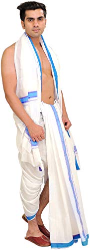 Exotic India White Dhoti and Angavastram Set with Woven Border - Color French Blue