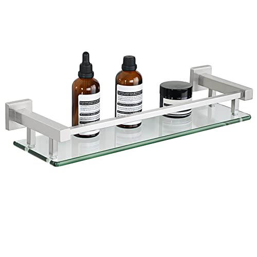 SAYAYO Bathroom Shelf Tempered Glass Shelf with Square Rail Wall Mounted 40CM/16 Inches, SUS304 Stainless Steel Brushed Nickel, EGC2000-40-LS