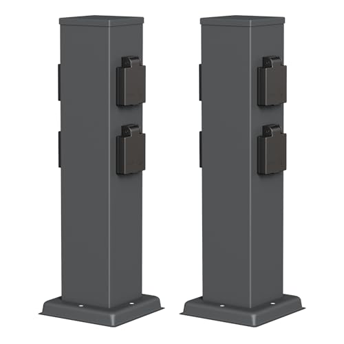 ledscom.de 2X Garten Steckdosensäule Polly für außen, IP44, 4-Fach, Edelstahl, anthrazit, eckig, 40 cm