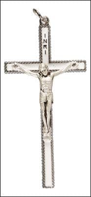 9cm INRI Silver Coloured Metal Crucifix Cross WHITE Enamel with 2.5cm Pewter Double Heart Pin Brooch 10204