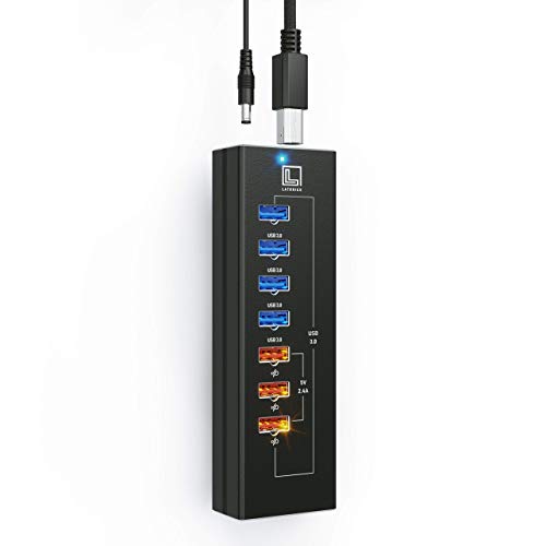 Powered USB Hub - Multi-Port USB Hub with 7 USB 3 Ports, 3 Fast Charging USB 3.0 Ports, Cords C and A, Power Adapter - by Latorice (Black)