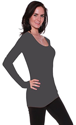 Active Basic Womens Plain Basic Scoop Neck Long Sleeves Tshirt Tee Top - Charcol, L Dark Grey
