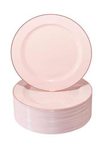 NERVURE Pink Plastic Plates with Rose Gold rim for Wedding 60-Pack Pink Disposable Plastic Plate Set for 60 Guests Includes 60pcs 7.5 inch Dessert/Salad Plates.