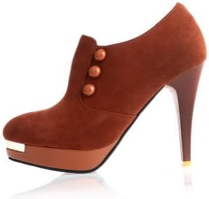 Vouge009 Women's Close Round Toe Platform Metal Ornament Stiletto Heels Frosting Ankle Boots with Zipper,Reddish Brown,38