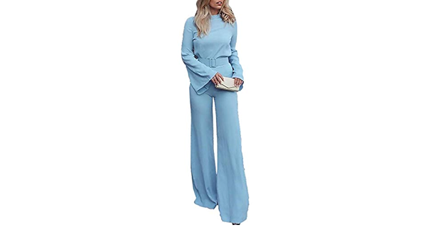 high neck bell sleeve wide leg jumpsuit with belt