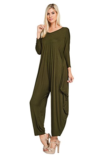 Annabelle Women's Long Sleeve Comfy Harem Jumpsuit Romper With Pockets Olive Small 8002 - Thumbnail 4