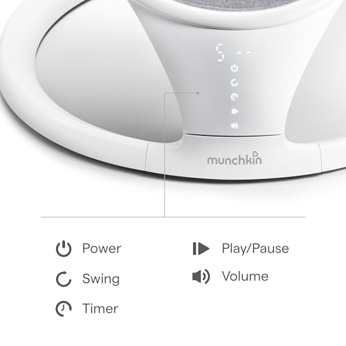 Munchkin Electric Baby Swing, Portable and Lightweight, Bluetooth Enabled Infant Rocker with Natural Sway in 5 Ranges of Motion, Newborn Nursery Essentials, White/Grey