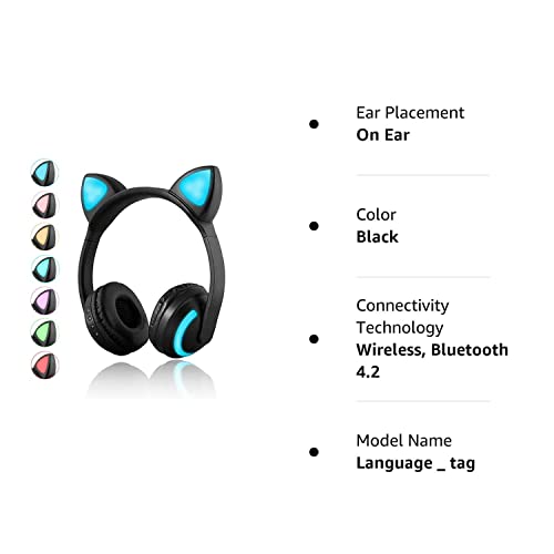 Luckyu Wireless Bluetooth Cat Ear Headphones with Mic 7 Colors LED