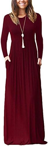 FOXSEN Womens' Women Long Sleeve Round Neck Casual Loose Long Maxi Dress with Pocket Vine Red XL