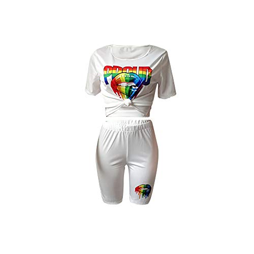 Womens Print Two Piece Sweatsuit Crew Neck Short Sleeve Crop Top and Skinny Short Pants Sets
