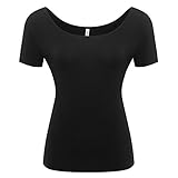 Hilinker Women's Short Sleeve Fitted Big U Neck Modal Blouse Top Basic Solid Scoop Neck T-Shirt Slim Stretchy Shirt (Medium, Black)