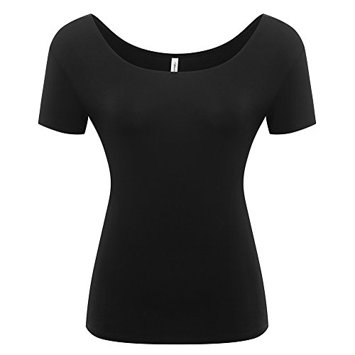 Hilinker Women's Short Sleeve Fitted Big U Neck Modal Blouse Top Basic Solid Scoop Neck T-Shirt Slim Stretchy Shirt (Medium, Black)