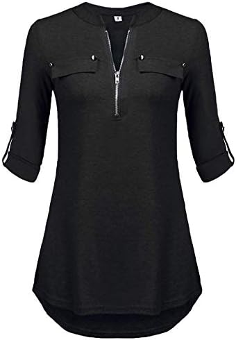 LalalaWomens Zip Up Plaid Tunic Blouse 3/4 Sleeve V Neck Shirt Casual Tops