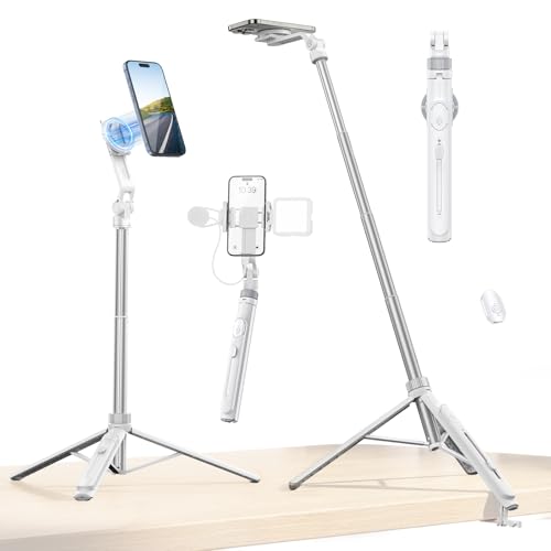 ULANZI TT88 Magnetic Tripod for iPhone, 57" Extendable Selfie Stick with Remote, 2-in-1 Phone Clip & Dual Cold Shoe Mounts-Lightweight Phone Tripod Stand for Vlogging, Travel, Video Recording (White)