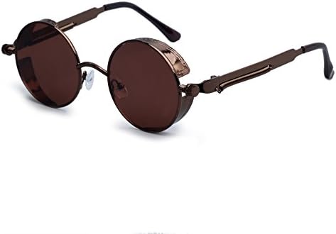 Steam Punk Style Round Lens Sunglasses with Case for Men Women Circle Inspired Metal Frame Retro Eyewear Vintage Sun Glasses with Side Cover