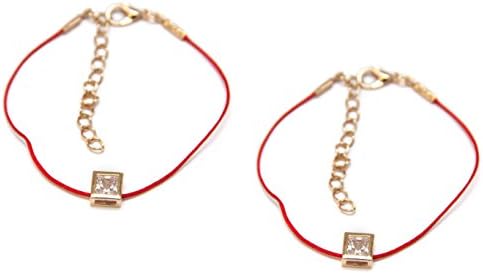 Pack of 2. Sterling Silver Charm Red String Cord Bracelet Wristband. (Golden Squares)