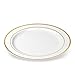 BloominGoods 50 Plastic Disposable Dinner Plates | 10.25 inches White with Gold Rim Real China Look | Ideal for Weddings, Parties, & Catering | Heavy Duty & Non Toxic (50-Pack)