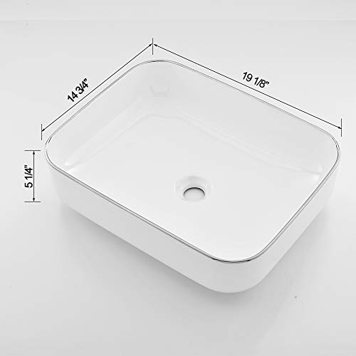 Ufaucet Modern White Rectangular Above Counter Countertop Porcelain Ceramic Bathroom Vessel Vanity Sink with Golden Rim