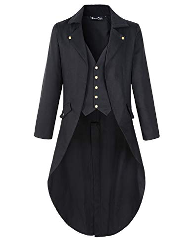 DarcChic Mens Gothic Tailcoat Jacket Black Steampunk VTG Victorian Coat (XXL, Black/brassy Button)