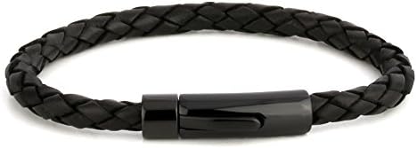 Braided Black Leather Bracelet Mens Womens 5mm with High Polished Black Stainless Steel Clasp, 7 7/8"