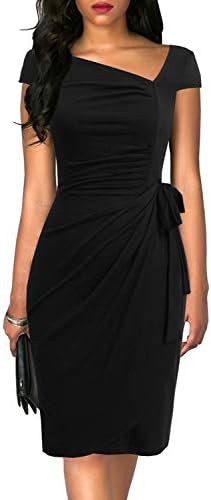 Liyinxi Women's Retro 1950s Cap Sleeve Knee-Length Sheath Slim Business Casual Party Ruched Bodycon Faux Wrap Dress