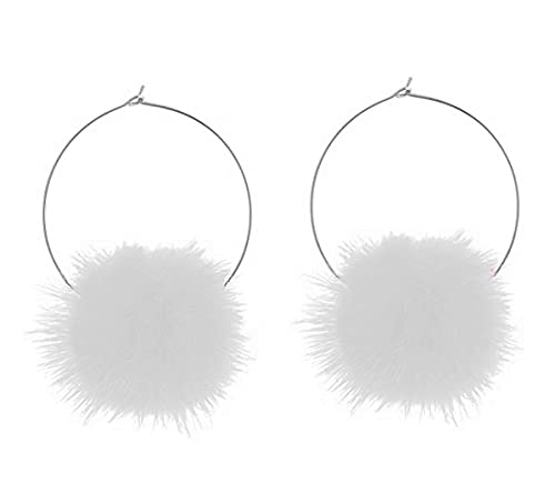 Fur Earrings Pom Pom Fluffy Hoop Cute Kawaii Festival Accessories Baby Pink White Black Mint Green Lilac Red Silver (White)