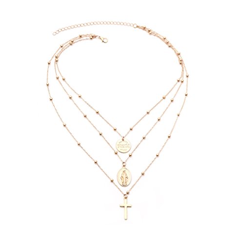 Dolland Bohemian Retro Carved Coin Bullion Virgin Mary Cross Pendant Clavicle Necklace Multi-Layer Bead Chain Necklace,Gold Coin