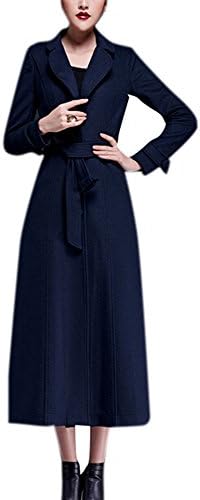Women's Full-Length Sing-Breasted Turn Down Collar Wool Coat with Belt Navy L