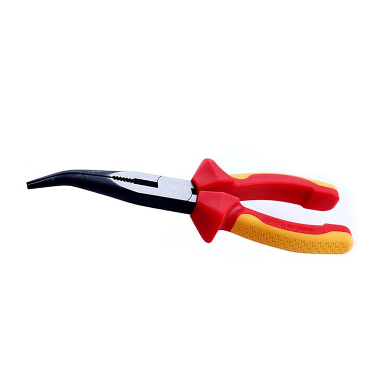 Bent Needle Nose Pliers, VDE Tested, Multifunction, Heavy Duty, Ergonomic, 8 Inch, 1000V, Insulated for Wire Cutting