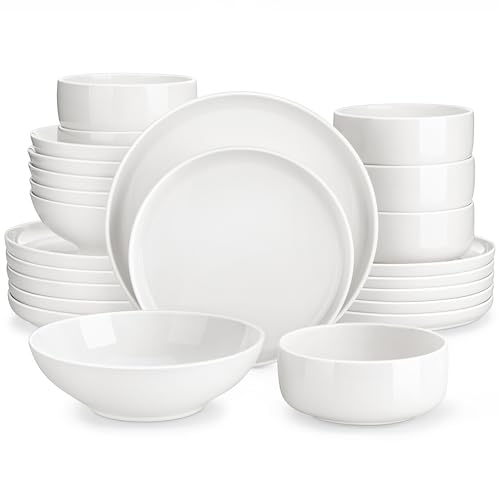 Geschirrset 6 Personen, LUNA 24-tlg Tafelservice aus Weißem Porzellan, Modernes Geschirr Set mit je 6 Speiseteller, Dessertteller, Suppenteller und Müslischalen