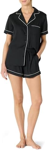 Amazon Essentials Women's Satin Short Sleeve Button-Down Top and Short Sleepwear Set, Black, XXL