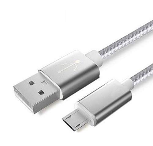 Pack of 2 Micro USB Nylon Metal Cables for Wiko View 2 Plus Android Smartphone Charger Connector (Silver)