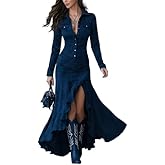 Womens Vintage Western Dresses, Suede V Neck Button Down Long Sleeve Maxi Dress Fishtail Hem Boho Western Dresses