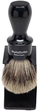 Spitalfields Shaving Company 100% Pure Premium Badger Bristle with Signature Classic Large Long Barber Shop Handle Shaving Brush and FREE Acrylic Stand - Old Spitalfields Black