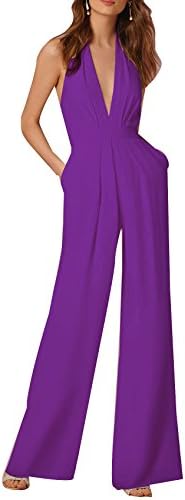 Anermy Women Halter Plunge V Neck Backless Pleated High Waist Wide Leng Jumpsuit Rompers